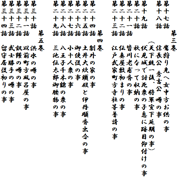 　　　　第三巻
第十七話　　鷹狩り先へ女中方お供の事
第十八話　　信長公 秀吉公 噂の事
　　　　　（天下統一後、将軍宣下延期の事）
第十九話　　伏見城で討死衆の子息に跡目仰付けの事 
第二十話　　秋になって収納の事 
第二十一話　皆川老甫斉の事
第二十二話　伝奏屋敷初まりの事
第二十三話　江戸武家町方寺社等普請の事

　　　　第四巻
第二十四話　制外の家の事
第二十五話　土井大炊頭殿と伊丹順斉出合の事
第二十六話　御使役の事
第二十七話　小十人衆の事
第二十八話　八王子千本鎗の衆の事
第二十九話　三池伝太郎御腰物の事
　　　　
　　　　第五巻
第三十話　  洪水の噂の事
第三十一話　以前町方風呂屋の事
第三十二話　飢饉の噂の事
第三十三話　武士勝手の噂の事
第三十四話　留守居役初りの事