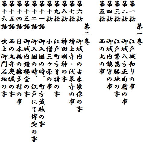 　　　第一巻
第一話　　江戸城初りの事
第二話　　御城八方正面櫓の事
第三話　　江戸繁昌勝地の事
第四話　　御城内鎮守の事
第五話　　西の丸の事

　　　第二巻
第六話　　御城内の古来家作の事
第七話　　増上寺・浅草寺の事 
第八話　　神田明神の事
第九話　　江戸町方普請の事
第十話　　小僧三ヶ条の事
第十一話　御入国の時、町方盗賊の事
第十二話　御入国の時、江戸にて博奕の事 
第十三話　御城内鐘楼堂の事
第十四話　日本橋の穢多村の事
第十五話　西の丸弁慶堀の事 
第十六話　吹上御門石垣の事