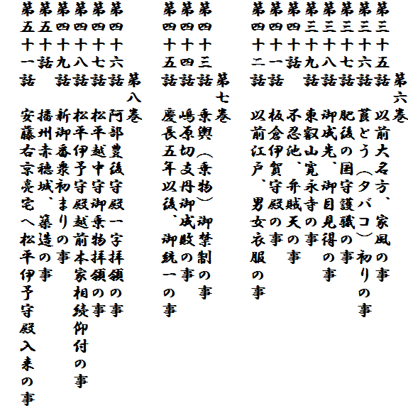 　　　　第六巻
第三十五話　以前大名方、家風の事
第三十六話　莨とう（タバコ）初りの事
第三十七話　肥後の国守護職の事
第三十八話　御成先、御目見得の事 
第三十九話　東叡山寛永寺の事
第四十話　　不忍池、弁賊天の事 
第四十一話　板倉伊賀守殿の事
第四十二話　以前江戸、男女衣服の事
　
　　　　第七巻
第四十三話　乗輿（乗物）御禁制の事
第四十四話　嶋原切支丹御成敗の事
第四十五話　慶長五年以後、御統一の事
　
　　　　第八巻
第四十六話　阿部豊後守殿一字拝領の事
第四十七話　松平越中守御乗物拝領の事
第四十八話　松平伊予守殿越前本家相続仰付の事
第四十九話　新御番衆初まりの事
第五十話　　播州赤穂城、築造の事
第五十一話　安藤右京亮宅へ松平伊予守殿入来の事
